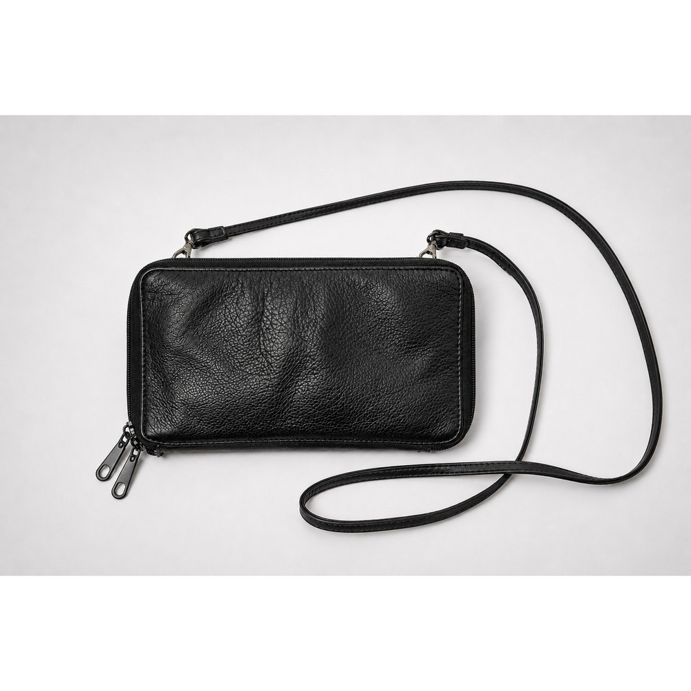 Genuine Black Leather Crossbody Purse w/ Silvertone Hardware & Built in Wallet